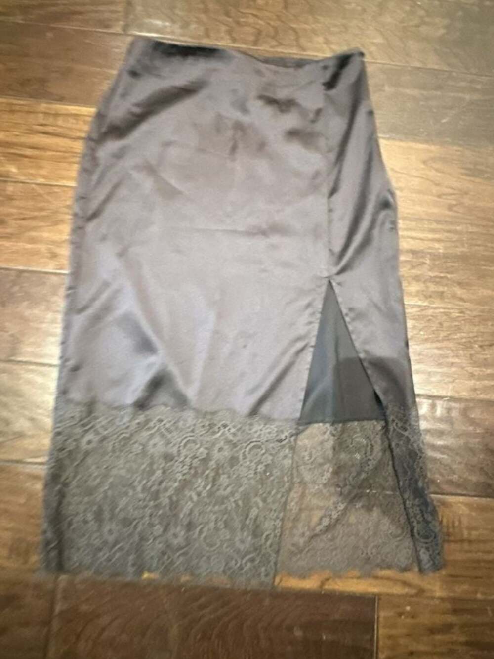 Future Collective by Reese Blutstein Dark Gray Satin & Lace Midi Skirt with Slit